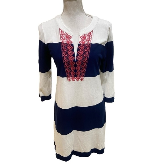 Talbots cotton navy/white stripe pink embroidery neckline 3/3 sleeve size small - Picture 1 of 11